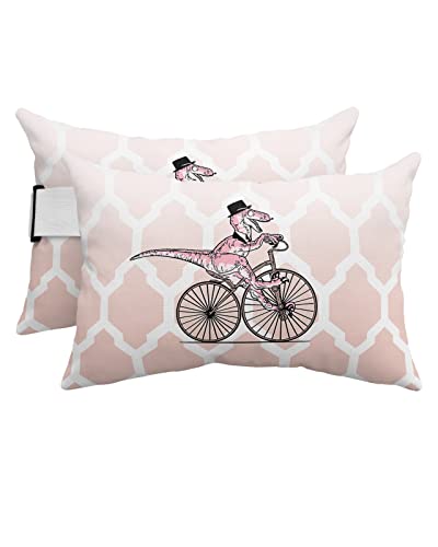 Outdoor Lumbar Pillow for Chaise Lounge Chair Dinosaur Ride Bike Head Resting Pillow Cartoon Green Moroccan Decorative Pillow with Adjustable Strap for Patio Recliner Office Sofa 2 Pack 12x20 inch