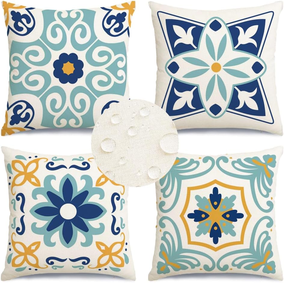 RABUSOFA Waterproof Pillows Covers 20X20 inch Set of 4 Dahlia Pillow Covers Floral Printed Outdoor Throw Pillows for Patio and Farmhouse Furniture Garden Teal and Navy