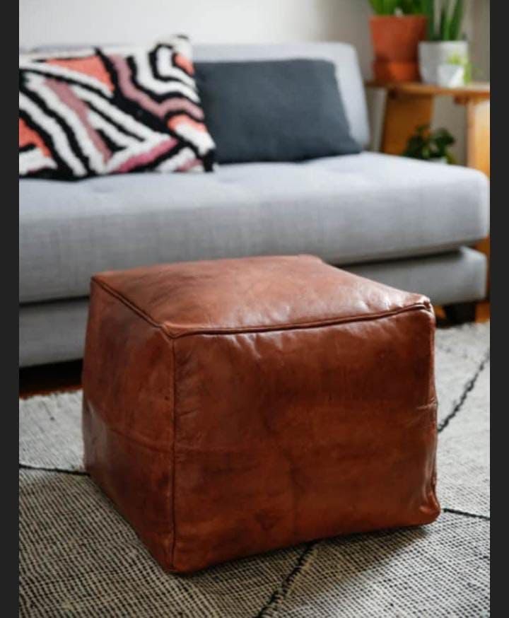 Moroccan Square Letaher Ottoman Pouf, Custom Handmade Leather Hassock Ottoman Footstool Pouf, Living Room Leather Coffe Table Brown Leather Pouf (14×14×16 Inches)
