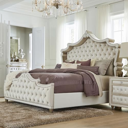 Coaster Home Furnishings Antonella Upholstered Tufted Eastern King Bed Ivory and Camel