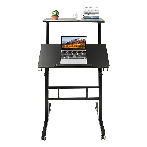 Adjustable Standing Desk with USB Ports and Power Outlets, Stand Up Desk with Storage Mobile Rolling Computer Desk Portable Laptop Table with Wheels for Home Office, Oak