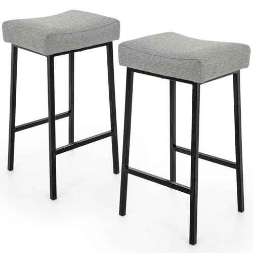Counter Height Bar Stools Set of 2, 27 Inch Backless Saddle Bar Stools, Upholstered Fabric Padded Barstools for Kitchen Counter, Home Bar, Dining Room, Light Grey Metal Barstools