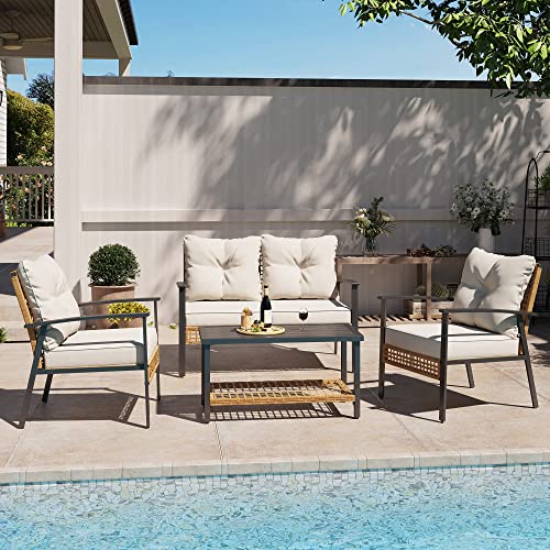 LAUSAINT HOME 6-Piece Patio Conversation Set, Luxury Oversize Patio Furniture Set with Soft Cushions and Storage Metal Coffee Table, Outdoor Furniture Sets for Backyard, Porch (with 2 Wicker Baskets)