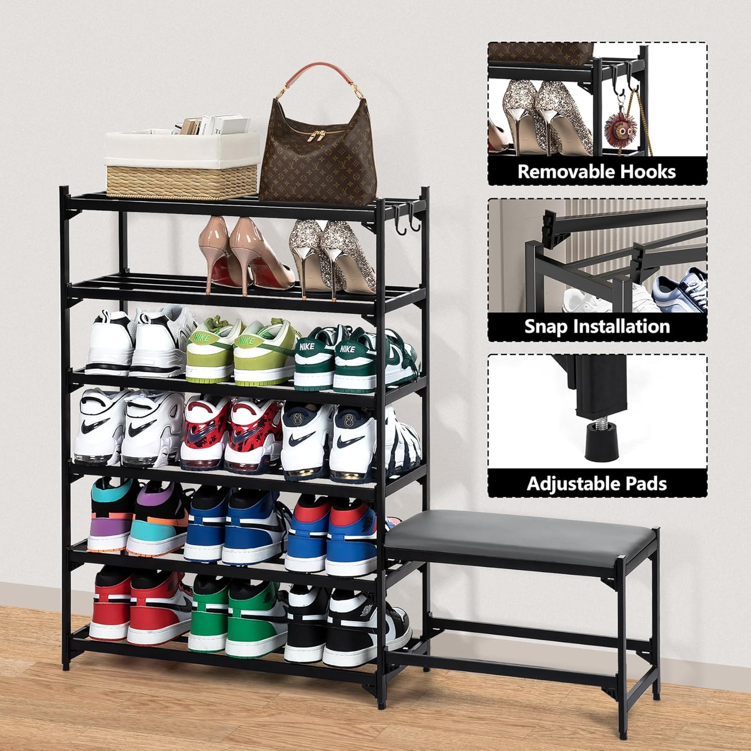 Shoe Rack with Bench, 6-Tier Shoe Storage Bench, Entryway Bench, Holds Up to 400 lb, Space-Saving Shoe Organizers Without Screws，Shoe Rack Bench for Entryway Bathroom Bedroom