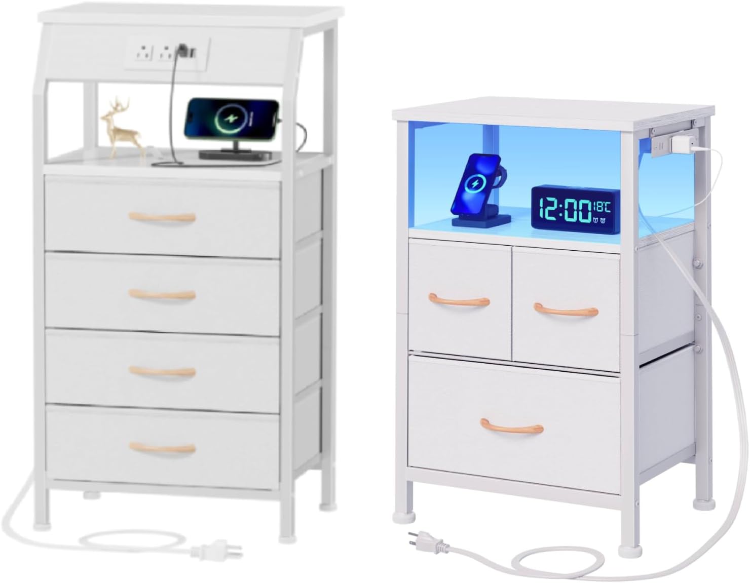 Furnulem Nightstand Set of 2, Night Stand with Charging Station + LED Bedside Table with Open Shelf,