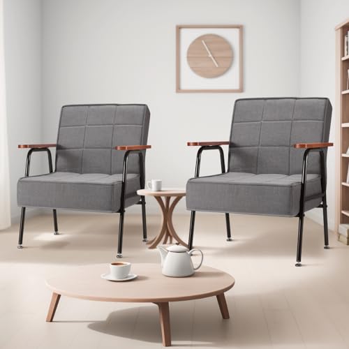 Accent Chair 5-Position Adjustable Backrest Soft Cushion Modern Arm Chair Linen-look w/Wide Wood Armrest Easy Assembly for Living Room, Bedroom, Study Room, Beige