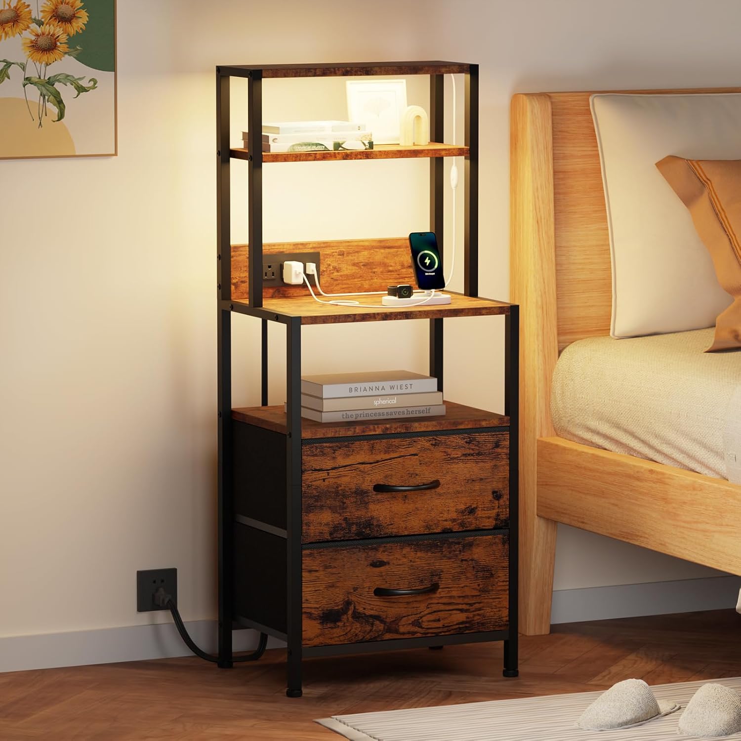 Furnulem Night Stand for Bedroom, Vertical Storage Tower Fabric Dresser Entryway, Nursery, Closet Organizer, Nightstand Bedside Table for Bedroom Living Room, Dorm, Rustic Brown