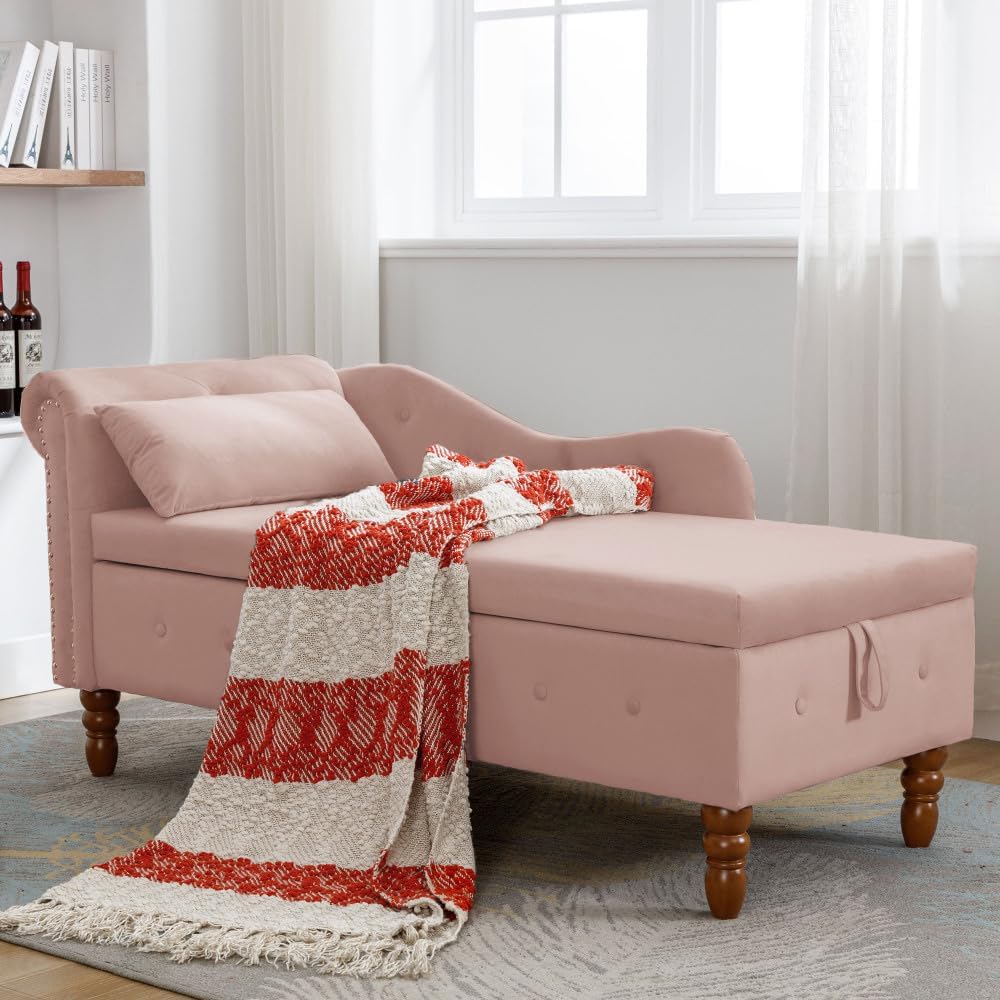 Pink Chaise Lounge Indoor,Velvet Lounge Chair for Bedroom with Storage & Pillow,Modern Upholstered Rolled Arm Chase Lounge for Sleeping with Nailhead Trim for Living Room Bedroom