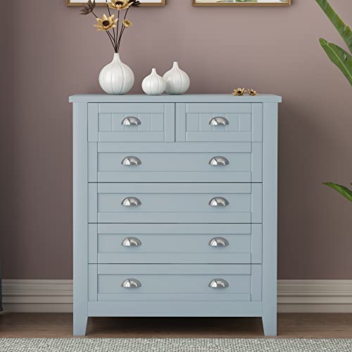 Drawer Dresser Bar Cabinet,Buffet Sideboard with Retro Shell Handle, Solid Wood Frame Buffet Service Counter for Dining Room,Living Room, Kitchen Blue-Gray 5 Or More Drawers Antique