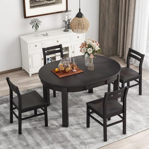 5-Piece Round Dining Table Set for 4, Farmhouse Wood Extendable Kitchen Table and 4 Dining Chairs Dining Room Table Set with Storage Drawers and 16