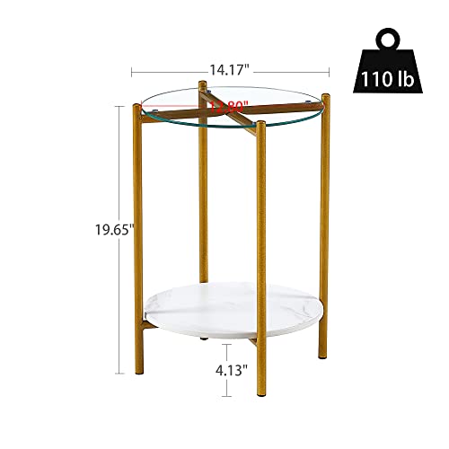 Modern 2- Tier Side Table with Removable Marble Tabletop, Small End table with Metal Frame, Modern Round Nightstand for Bedroom, Living Room Coffee Table for Balcony Patio (White)