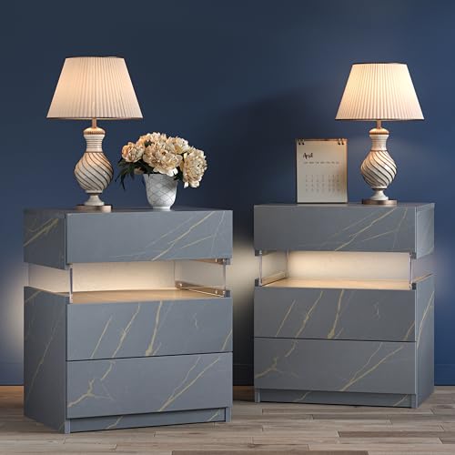 Nightstands Set of 2 LED Bedside Tables with 3 Wood Drawers LED Modern Night Stand with Acrylic Board for Bedroom Living Room