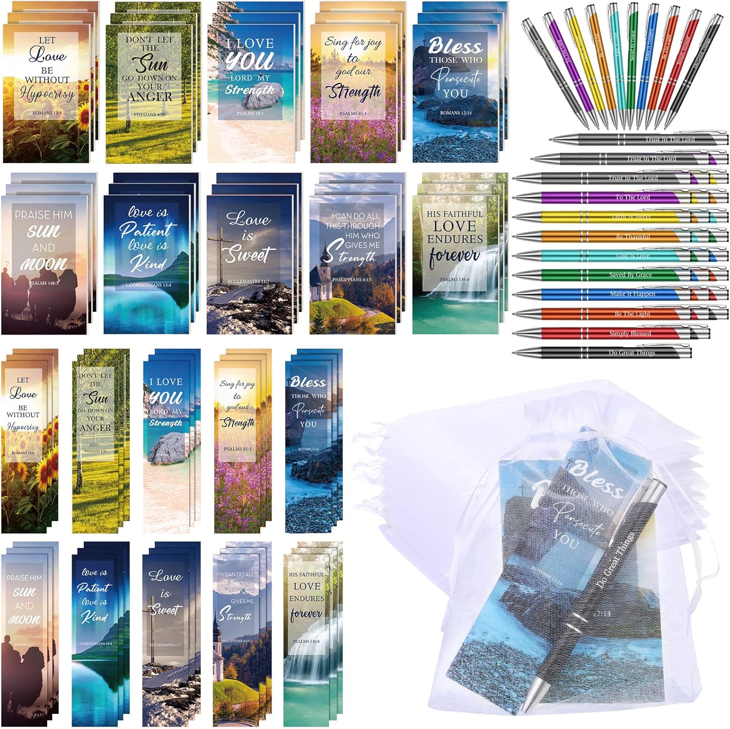 120 Pcs Bible Gifts Set Include 30 Bible Verses Bookmarks Christian Book Markers 30 Scripture Ballpoint Pens 30 Christian Notebooks 30 White Organza Bags for Women Men School Office Church (Modern)