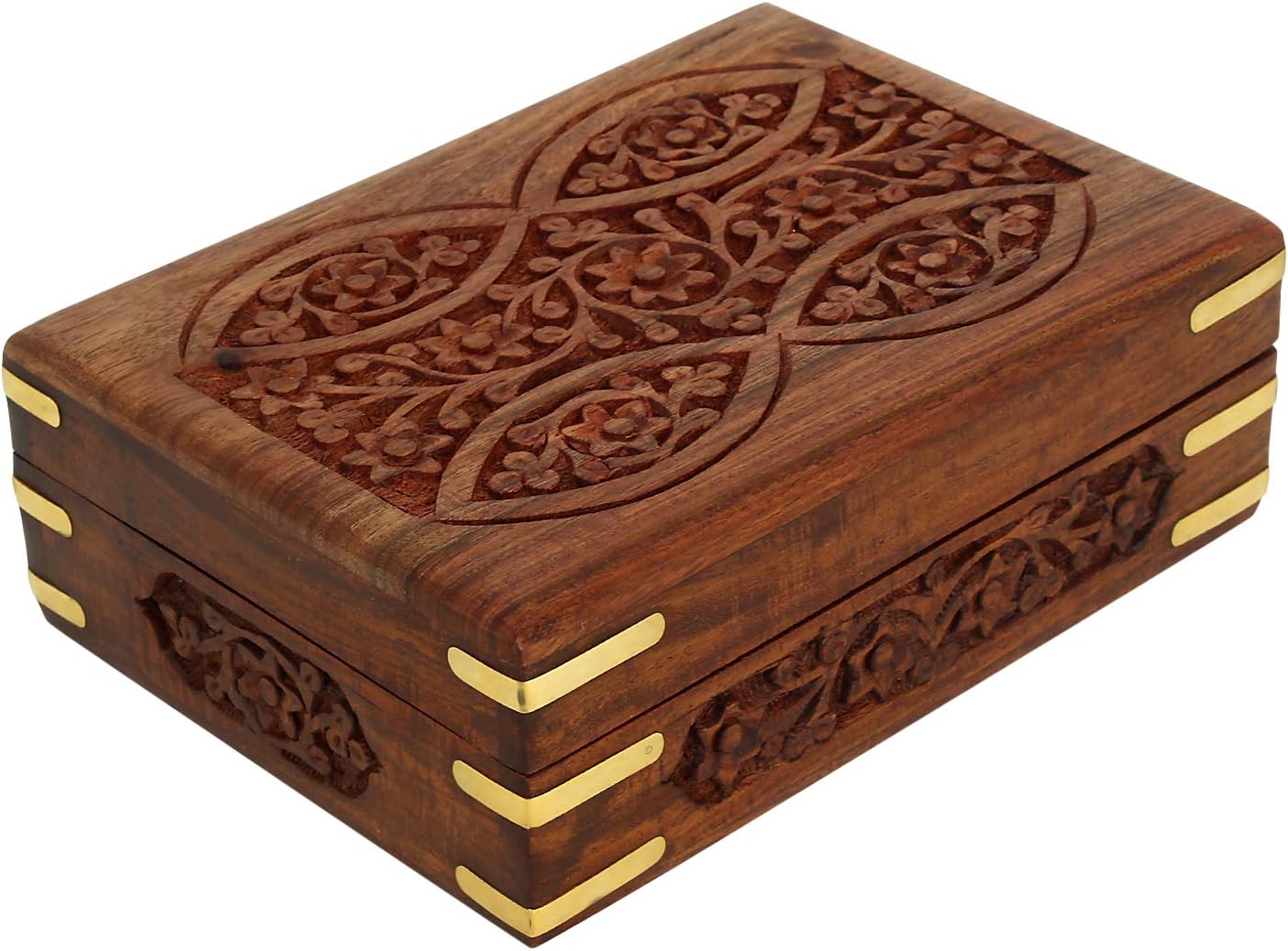 Ajuny Wooden Handcrafted Decorative Jewelry Storage Box Eye Floral Design with Brass Corners Multipurpose Treasure Chest Organizer Travel Keepsake Trinket Holder Box Gifts