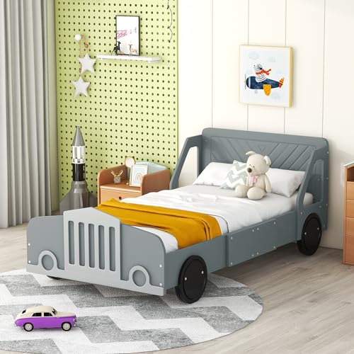 Full Size Car Bed with Wheels, Wood Platform Bed with Headboard and Footboard, Race Car Bed Frame with Slats Support for Boys Girls, No Box Spring Needed, White