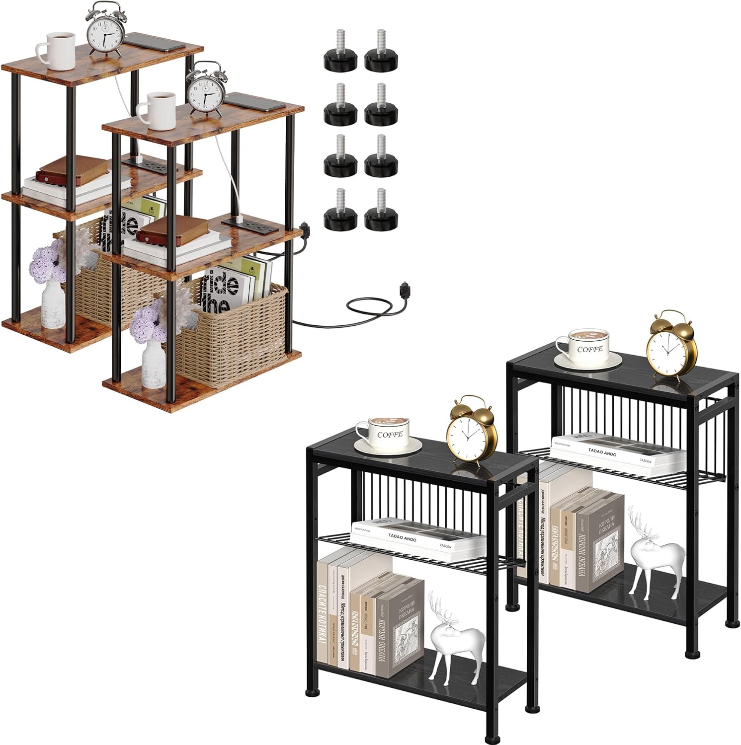 Small End Table Set of 2 for Small Space & 3-Tier Narrow Side Table Set of 2 with Charging Station