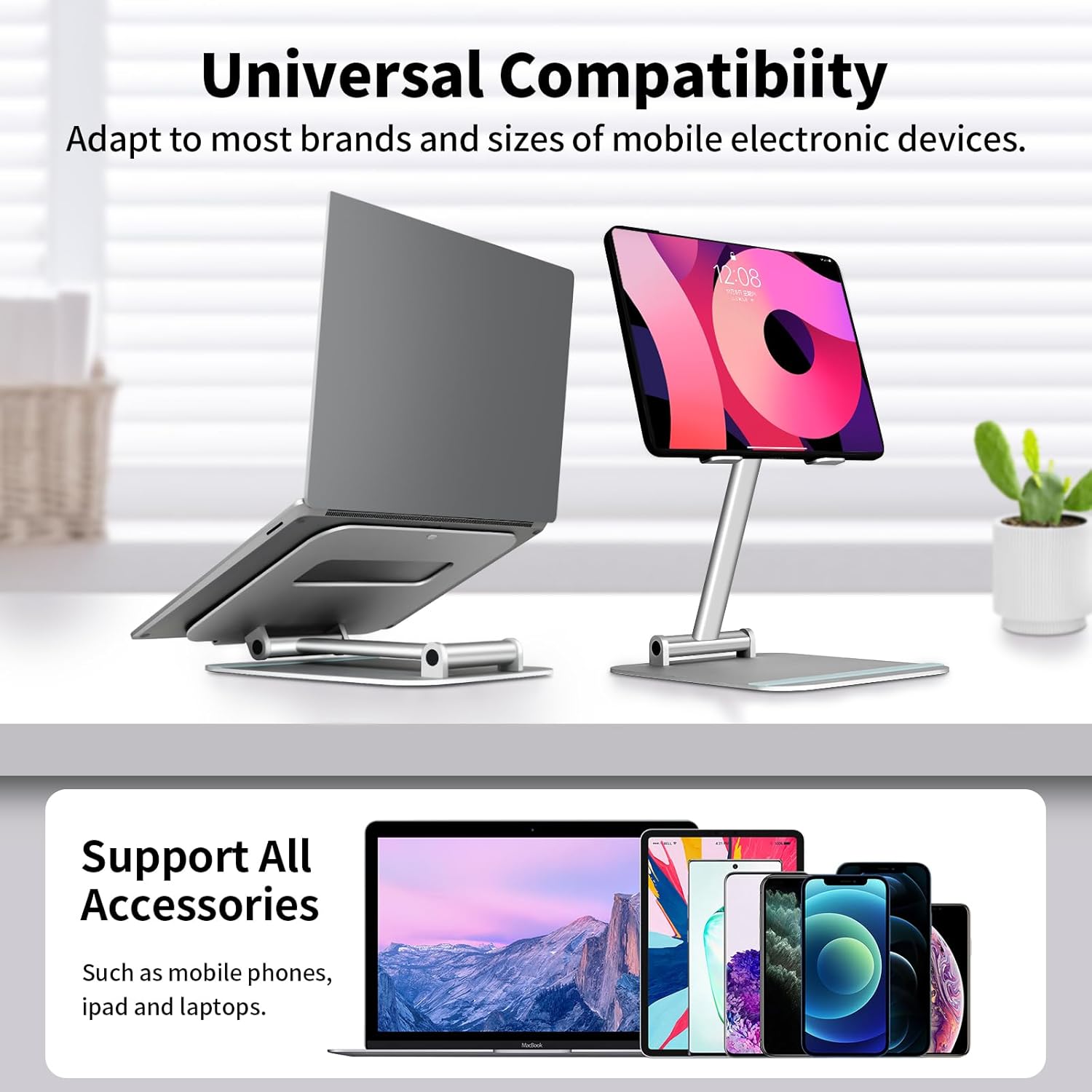 Adjustable Laptop Stand for Desk, Ergonomic Aluminum Foldable Portable Riser, Holder, Mount, for Computer, Notebook, Ipad, Macbook, Dell, Hp, Lenovo, Surface, Samsung, 10 to 17.3”, Silver