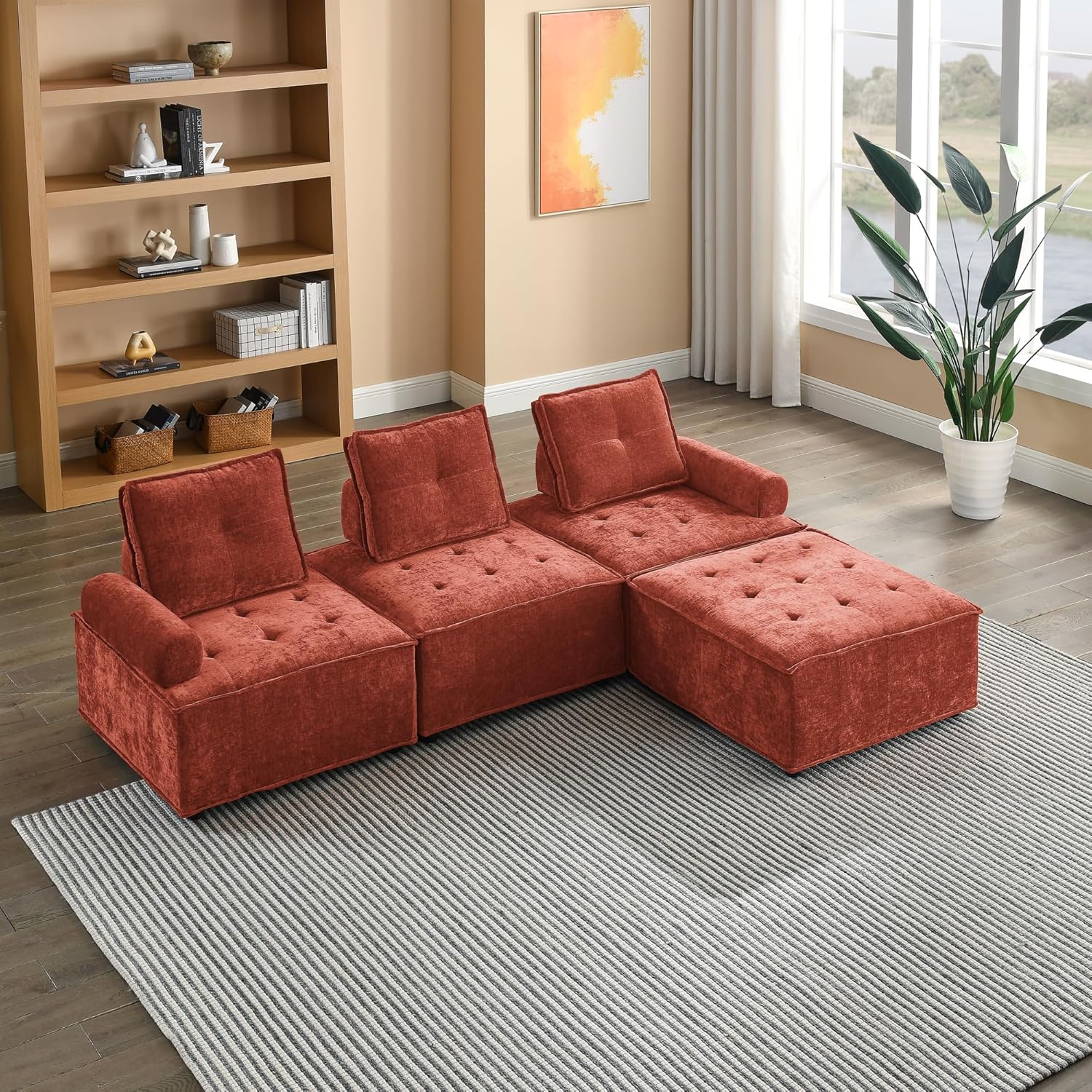 L-Shape Modular Sectional Sofa, DIY Combination, Chenille (Red)