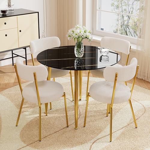 RGZ Circle Dining Table Set for 4, 40 Inch Faux Marble Dining Table & 4 Curved Backrest Upholstered Sherpa Dining Chairs Black with Gold Metal Legs, Small Kitchen Table Set for Dining Room Living Room