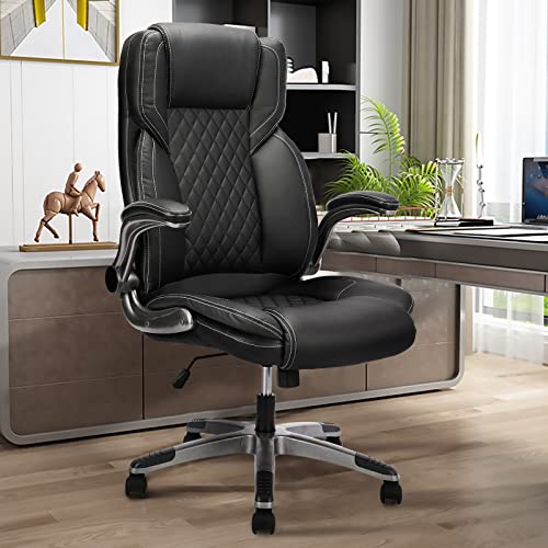 Leather Office Chair with Flip up Arms, Ergonomic Executive Office Chairs with Wheels, 90-120° Rocking High Back Office Desk Chair with Lumbar Support, Swivel Task Chairs(Grey)