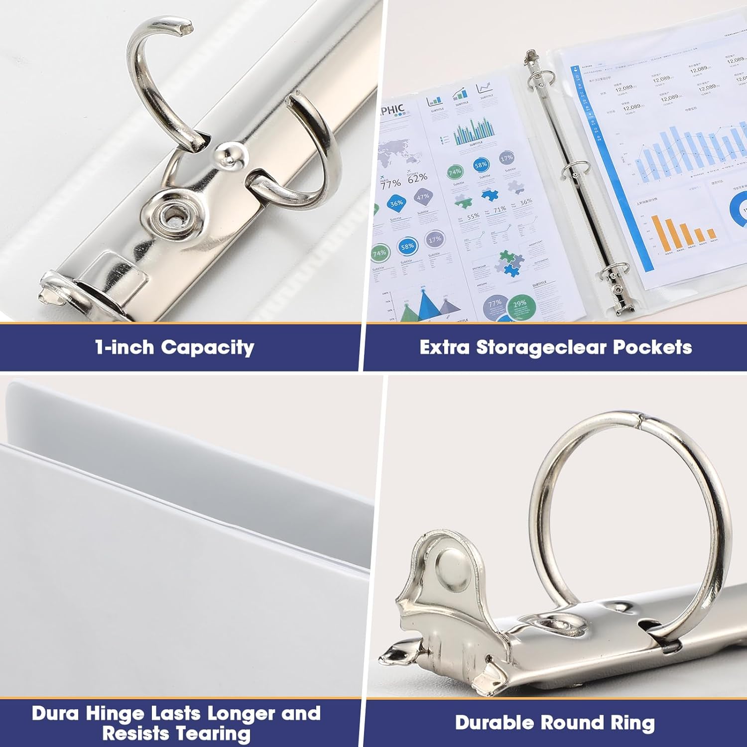 Yeaqee 10 Pcs 1 Inch 3 Ring Binders with 2 Interior Pockets, Round Rings, Holds US Letter Size 8.5 x 11 Inch 200 Sheets, Light, White, Versatile Binders for School, Office, Home Use