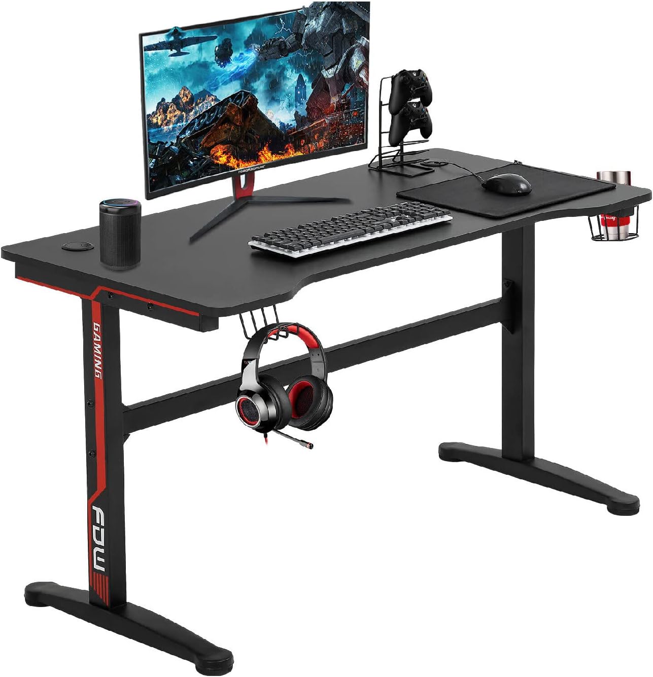 Gaming Desk, 47 inch Computer Desk Gaming with USB Gaming Handle Rack&Full Desk Mouse Pad, T-Shaped Desk Cheap, Gamer Tables with Cup Holder&Headphone Hook.