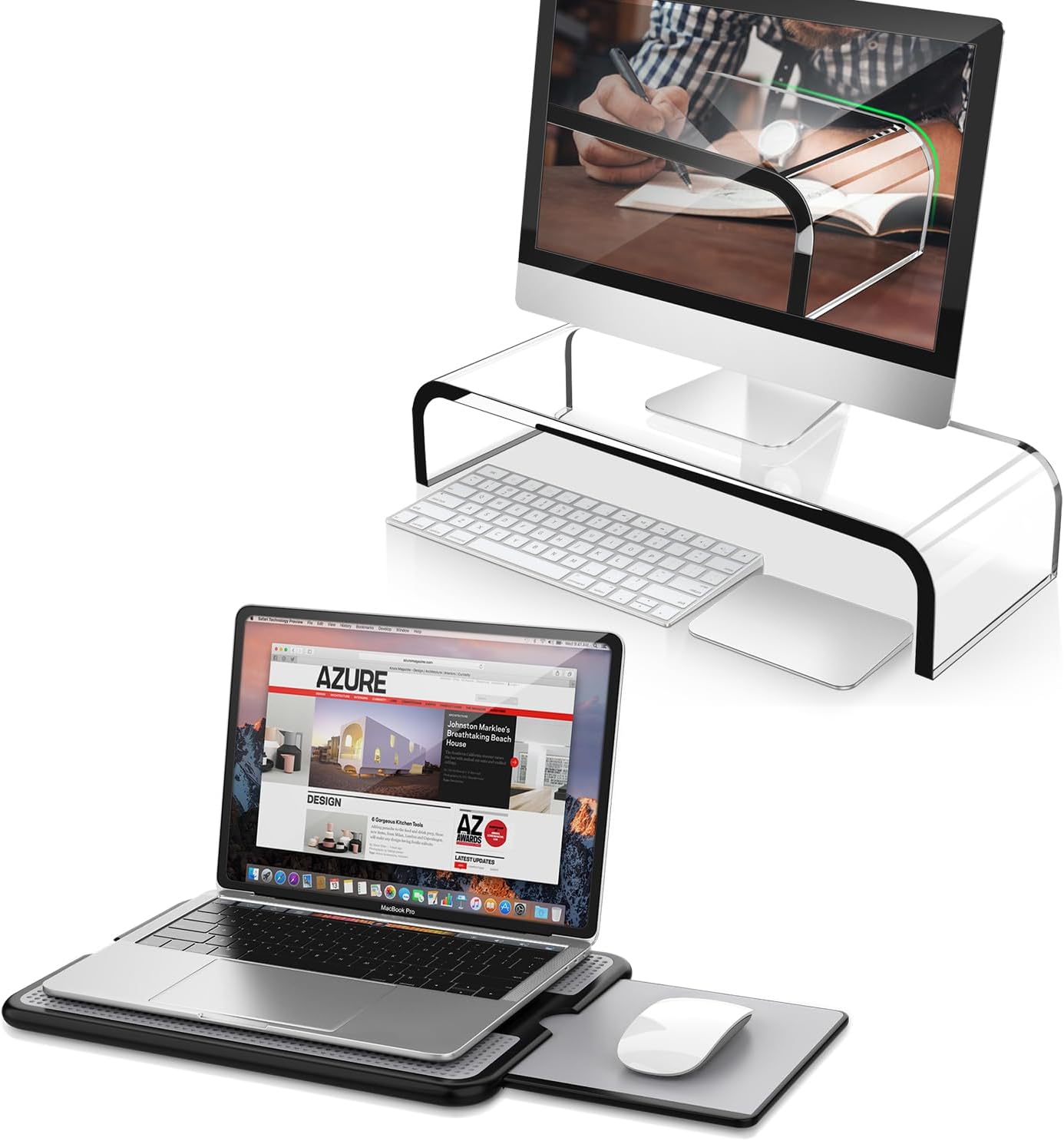 AboveTEK Portable Laptop Lap Desk with Retractable Mouse Pad Tray & Premium Large Acrylic Monitor Stand 20 inch
