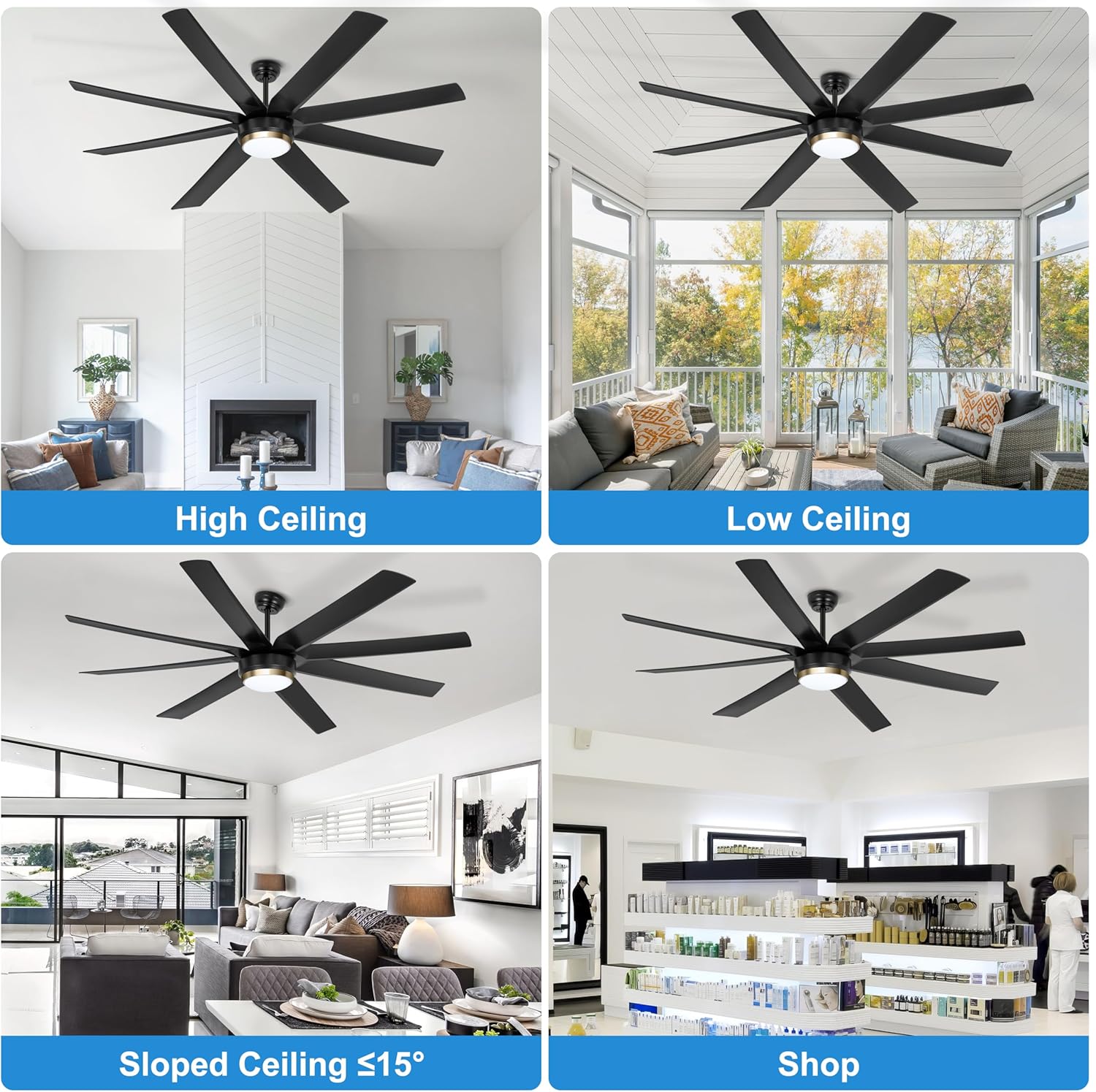 Ohniyou Ceiling Fan with Light - 70 Inch Indoor Outdoor Large Ceiling Fan with Remote Control, Reversible DC Motor, Dimmable, Black Modern Industrial Ceiling Fan for Living Room Patio