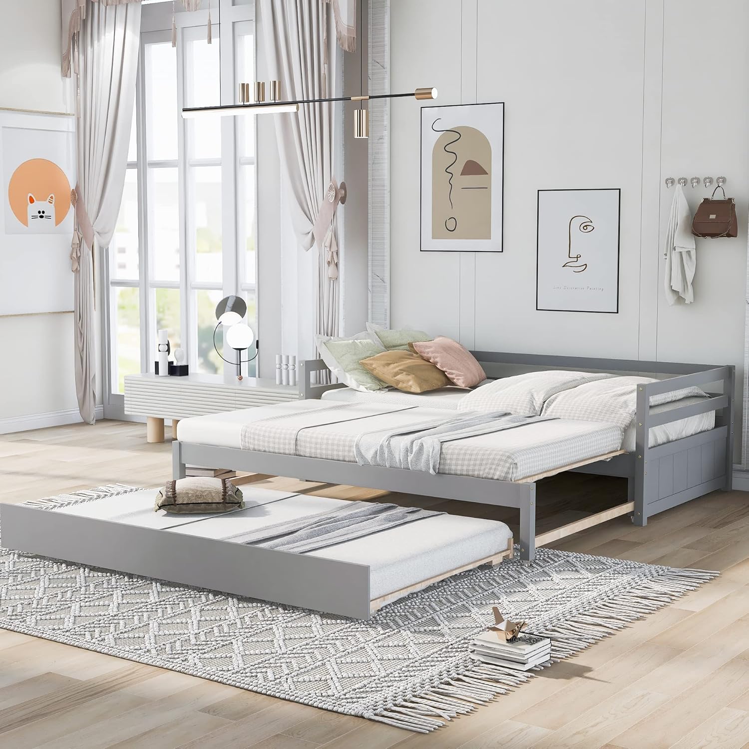 Twin or Double Twin Daybed with Trundle,Gray 79.5X 118.1x 25.9 inch (LxWxH)