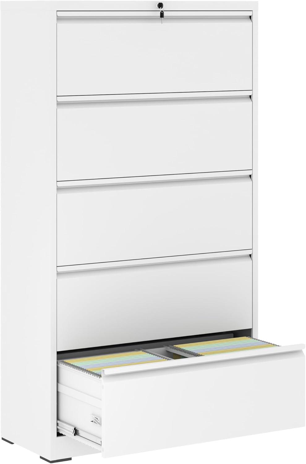 5 Drawer Metal Lateral File Cabinet, White Filing Cabinet with Lock, Lockable File Cabinet for Home Office, Locking Metal File Cabinet for Legal/Letter/A4/F4 Size