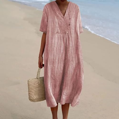 Dresses for Women 2024 Women's Linen Short Sleeve Dress Vintage Floral Art Print Casual Flowy Dress