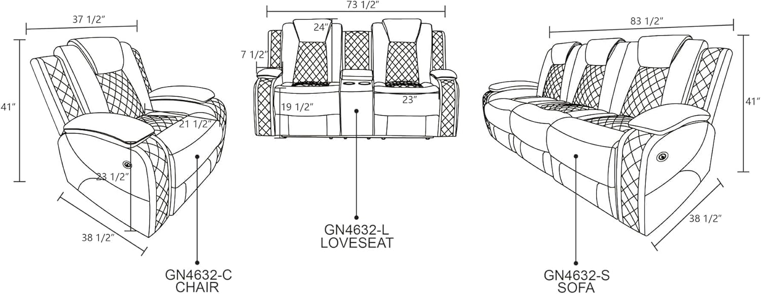 3 Pieces Multifunction Power Air Leather Sofa Set with LED Lights, Couch, Loveseat Chair with USB Port/Storage Console/Cup Holders, Home Theater Seating Reclining Sofá, Black