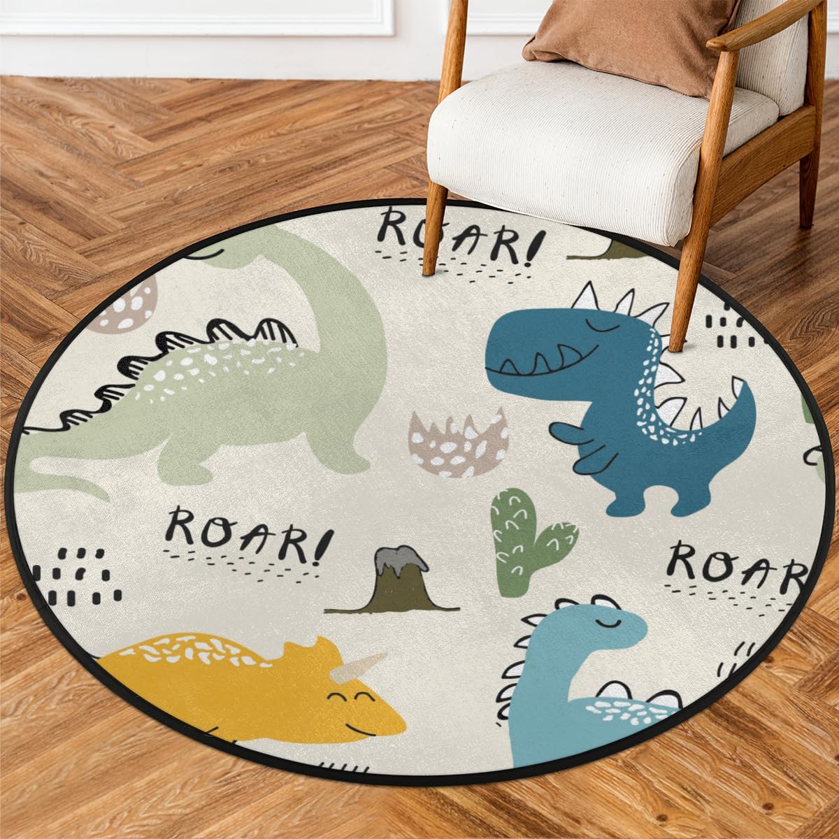 3 Ft Dinosaur Seamless Pattern Round Desk Chair Mat Non-Slip Soft Desk Floor Mat Washable Floor Mat for Office Living Room Bedrooms Laundry Room Foyer Doorway