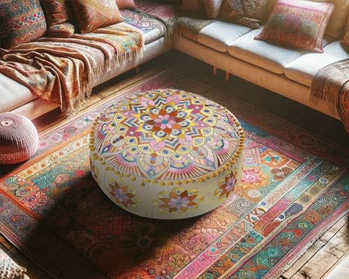 Mandala Life ART Moroccan Floor Pillow Cover Blue Gold Bohemian Décor Pouf Ottoman Latge Round Yoga Floor Cushion Luxury Kids Room Décor Boho Living Room Moroccan Floor Pillow Cotton 24x8 Unstuffed