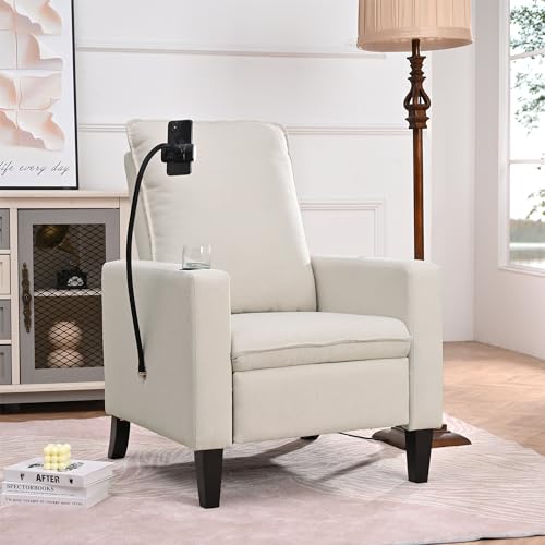 Recliner Chair for Adults, Adjustable Recliner Sofa with Phone Holder & Cup Holder, Modern Reclining Chairs with Upholstered Backrest & Footrest, Accent Chair Armchair for Living Room, Bedroom, Beige