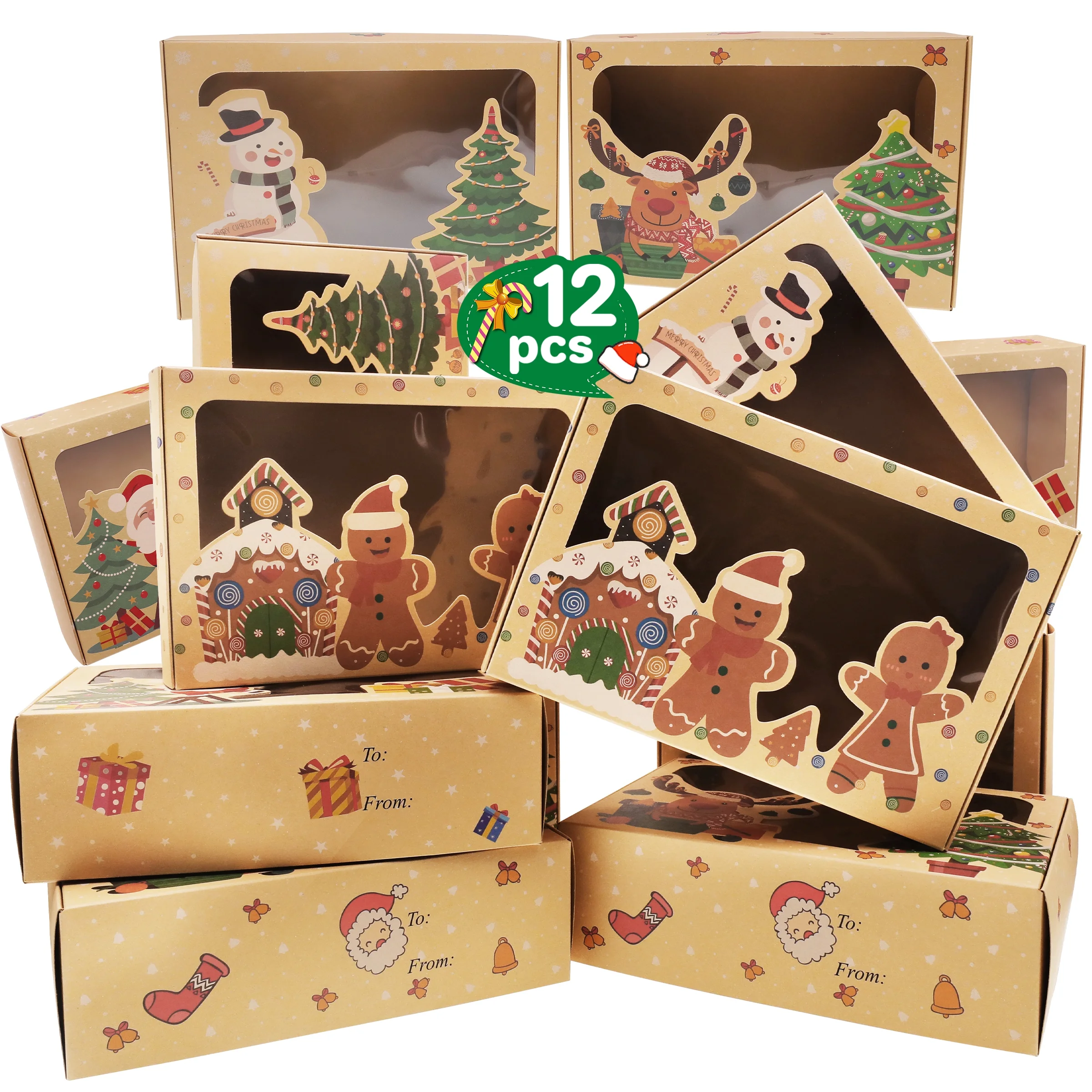 ASENEK 12 Pack Christmas Cookie Boxes with Window for Gift Giving, Holiday Bakery Treat Boxes Gift Baking Box, Christmas Kraft Gift Boxes and DIY Gift Tags, Pastry, Candy, Party Favors
