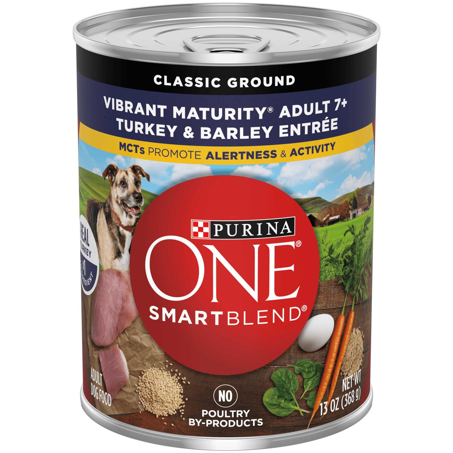 Purina ONE +Plus Adult Classic Ground Vibrant Maturity Adult 7+ Turkey & Barley Entree Canned Dog Food, 13-oz, case of 12 - Pet Supplies online store