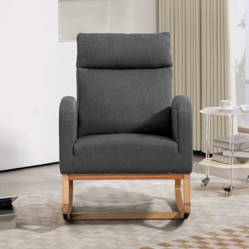Nursery Chair Rocking Chair Glider Chair, Upholstered Accent Chair with Rubber Wood Legs, Comfy High Backrest, Side Pockets, Armchair for Living Room, Bedroom, Dark Gray