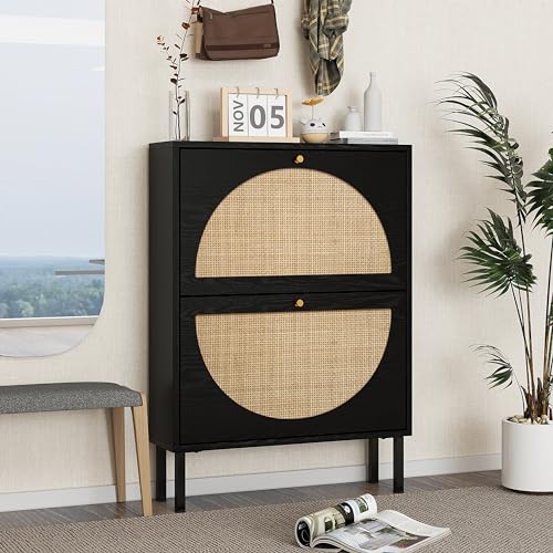 Shoe Storage Cabinet with 2 Flip Drawers & Adjustable Shelves, Slim Entryway Shoe Organizer with Woven Rattan Doors, Freestanding Narrow Shoe Rack for Entryway Hallway Entrance, Black