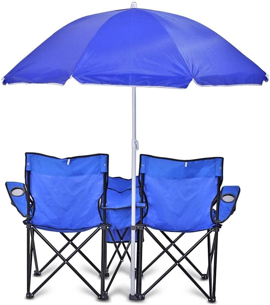 Portable Folding Picnic Double Recline Chair Umbrella Table Cooler Beach Camping Chair Stadium Seat