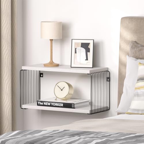 Adowes Floating Nightstand 2 Pack Metal Geometric Modern 2 Tier Nightstand for Wall Minimalist Floating Bedside Tables Bedroom Side Table Bedside Shelf Small Night Stand Weathered Walnut