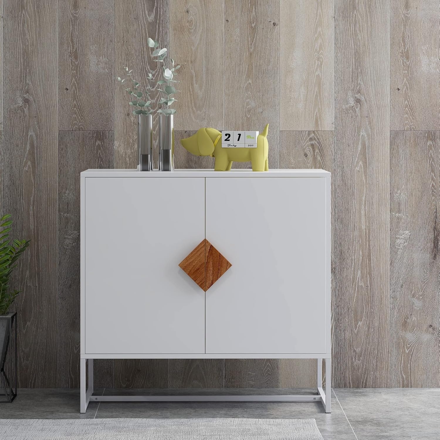 Solid Wood Square Shape Handle 2 Doors Sideboard Grey Modern Contemporary MDF Oak Finish Includes Hardware