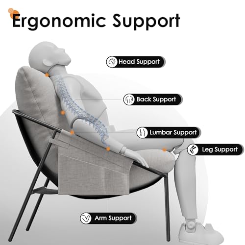 Apicizon Grey Sling Accent Chairs, Modern Accent Chairs Reading Chairs for Living Room, Black Metal Armchair with Comfortable Cushion for Reading Room Office, Light Grey Linen