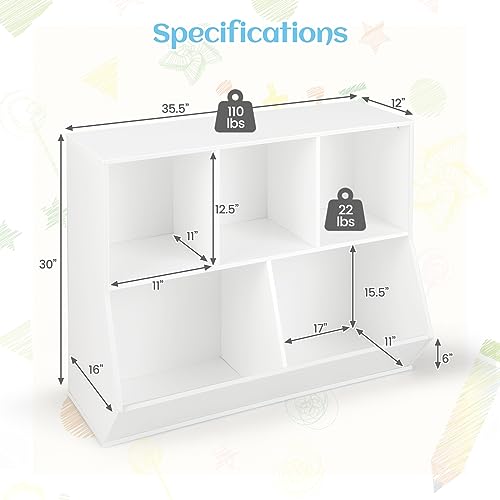 KOTEK 5-Cubby Toy Storage Organizer, Wooden Toy Storage Display Cabinet, Open Toy Shelf, Kids Bookshelf Bookcase for Playroom, Children's Room, Kindergarten, Nursery, Bedroom (White)