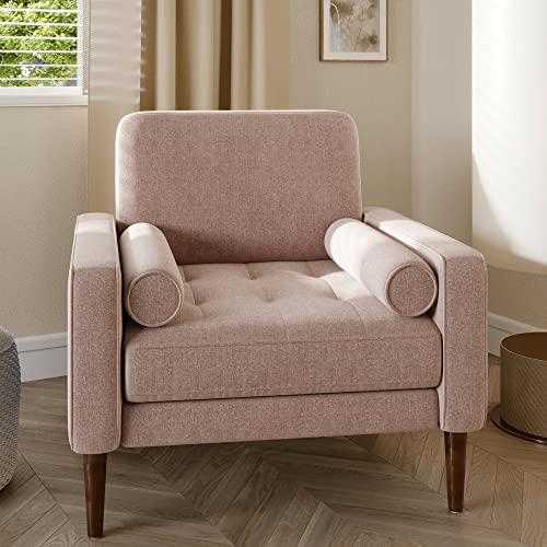 BELLEZE Mid Century Modern Accent Chair, Upholstered Oversized Living Room Chair Armchair Comfy Linen Reading Chair for Adults Sofa Chair for Bedroom Office - Erik (White)