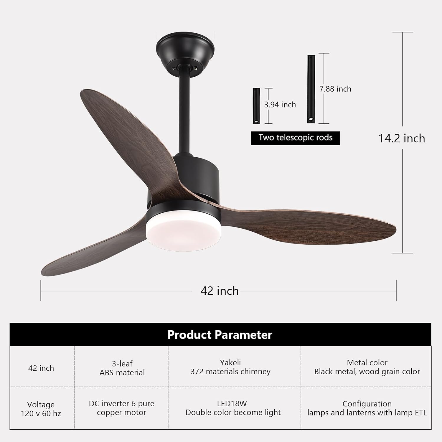 42''Ceiling Fans with Lights and Remote,Outdoor ceiling fan with LED Light,6 Speed,Retractable,High cfm,3 Blades Ceiling Fans for Patio,Bedroom,Living room,Indoor.(Woodgrain Color)