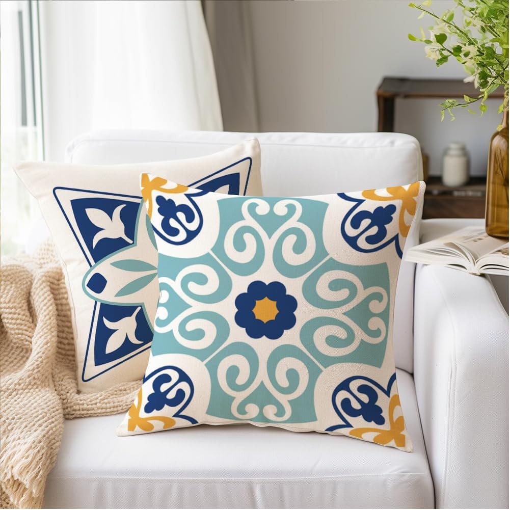 RABUSOFA Waterproof Pillows Covers 20X20 inch Set of 4 Dahlia Pillow Covers Floral Printed Outdoor Throw Pillows for Patio and Farmhouse Furniture Garden Teal and Navy