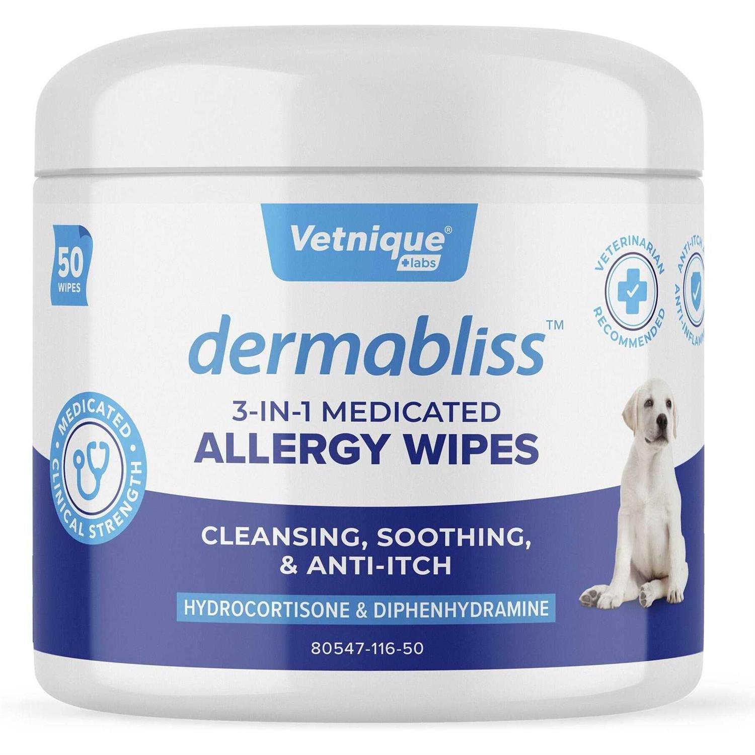 Vetnique Labs Dermabliss Medicated Hydrocortisone 3-in-1 Allergy Cat & Dog Wipes - Pet Supplies online store