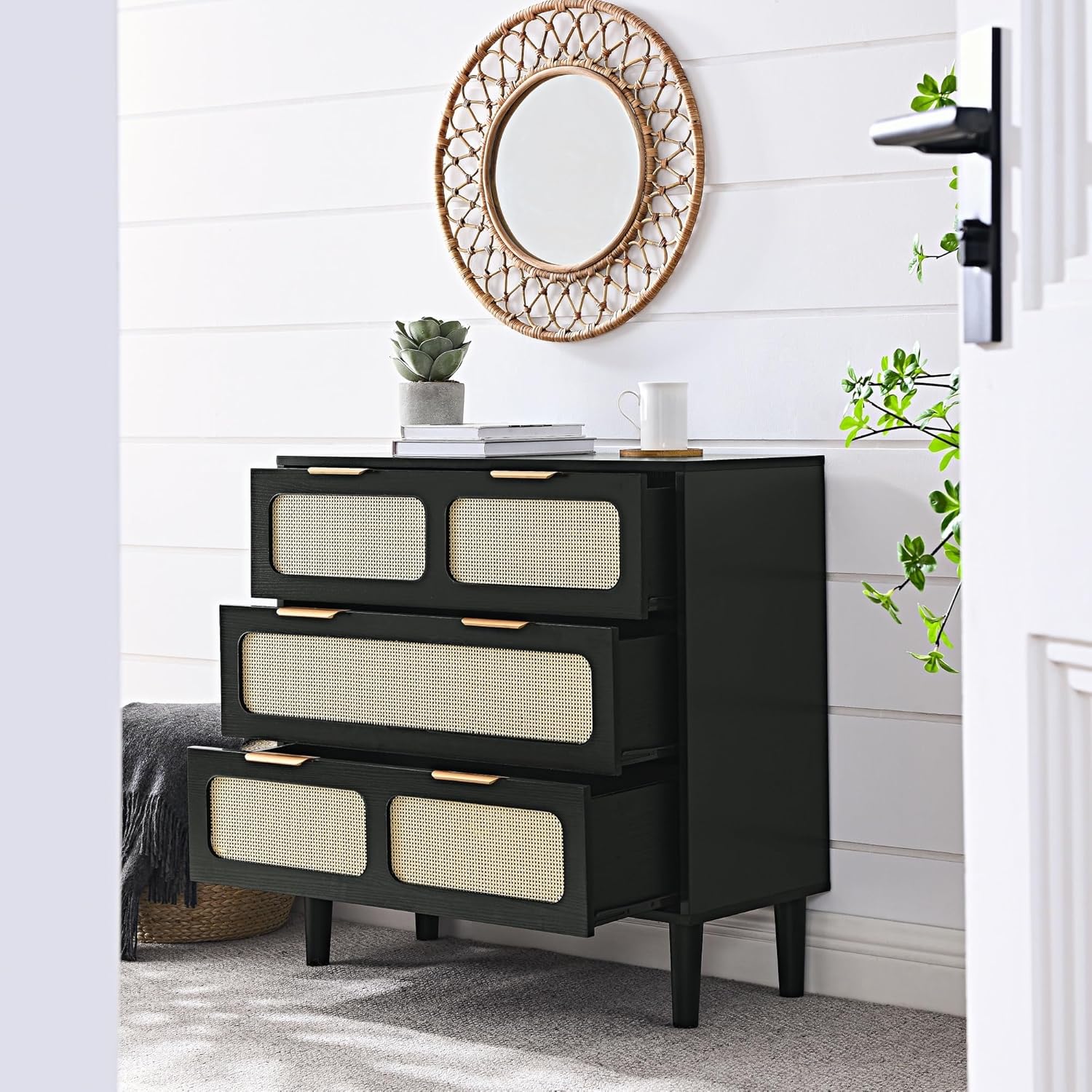 Rattan Dresser Cabinet Square Wooden Entryway Table W/Drawer Black Classic Modern Contemporary Wood Natural Finish Drawers Hidden Storage