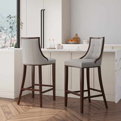 Manhattan Comfort Fifth Avenue Faux Leather Bar Stools with Backrest, Rectangular Design Stitching, Foam Padding & Solid Beech Wood Frame, Fully Assembled Barstool, Set of 2, Cream
